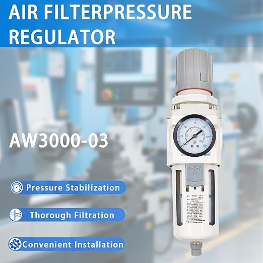 XingNEeng 3/8" NPT Compressed Air Filter Regulator Combo Piggyback, Water/Oil Trap Separator with Pressure Gauge(0-150 psi), Semi-Auto Drain, Poly Bowl, 5 Micron Brass Element, Metal Bracket