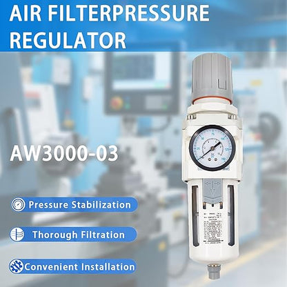 XingNEeng 3/8" NPT Compressed Air Filter Regulator Combo Piggyback, Water/Oil Trap Separator with Pressure Gauge(0-150 psi), Semi-Auto Drain, Poly Bowl, 5 Micron Brass Element, Metal Bracket
