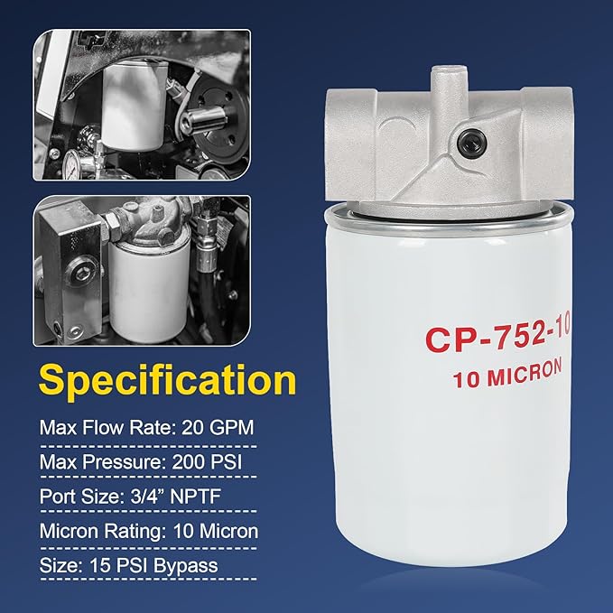 10 Micron Hydraulic Oil Filter Assembly, Spin-On Design, Return Line Filter with Indicator Port, 20 GPM Flow Rate, 200 PSI, 3/4" NPTF Port, Replace# 221006