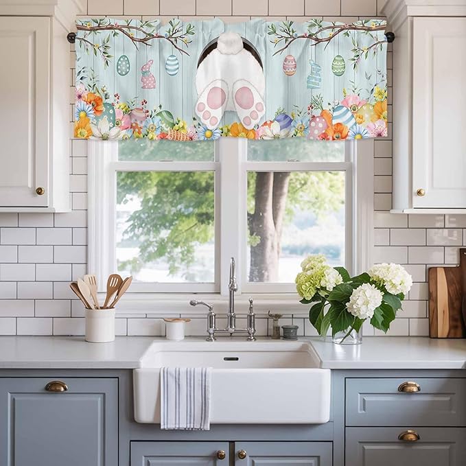 Easter Bunny Curtain Valances for Windows, Kitchen Valance Window Treatment, Easter Eggs Spring Farmhouse Wood Grain Teal Blue Light Filter Block Curtains for Bathroom/Bedroom/Living Room 60'' x 18''