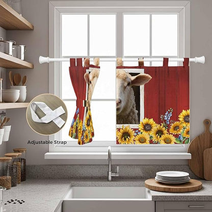 Sheep Sunflower Kitchen Curtains 24 Inch Length, Small Window Curtains Tab Top, Country Red Farm Barn Spring Flowers Light Filtering Short Window Treatments Tier Drapes 27.5"x24" 2 Panel