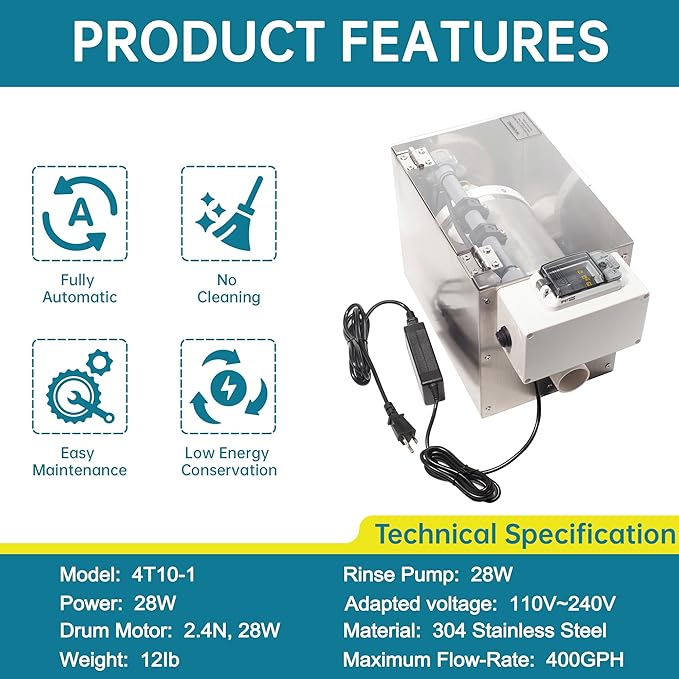 Automatic Rotary Drum Filter for Koi Tilapia Pond, Fish Farm,Aquarium,Hydroponics, Aquaculture, Aquaponics, Smallest Koi Pond Filter 4T10-1 RDF