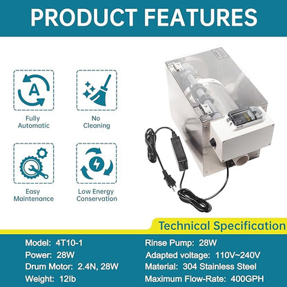 Automatic Rotary Drum Filter for Koi Tilapia Pond, Fish Farm,Aquarium,Hydroponics, Aquaculture, Aquaponics, Smallest Koi Pond Filter 4T10-1 RDF