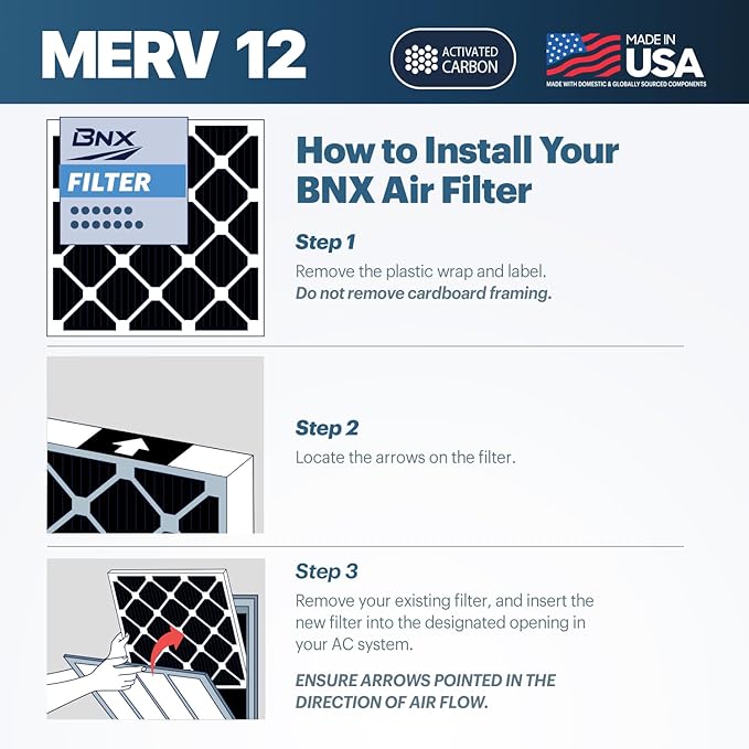 BNX TruFilter 18x24x1 MERV 12 Odor Defense (4-Pack) AC Furnace Air Filter with Activated Carbon - MADE IN USA - Pleated Air Conditioner HVAC AC Furnace Filters - Removes Odor, Mold, Bacteria, Smoke