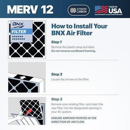 BNX TruFilter 20x25x1 MERV 12 Odor Defense (4-Pack) AC Furnace Air Filter with Activated Carbon - MADE IN USA - Pleated Air Conditioner HVAC AC Furnace Filters - Removes Odor, Mold, Bacteria, Smoke