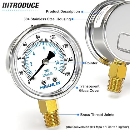 MEANLIN MEASURE 0~160Psi Dry Pressure Gauge Stainless Steel 1/4" NPT 2" FACE DIAL Waterproof for Air Compressor RV Regulator Water Pressure Tester Lower Mount, with 1/2" NPT and 3/8" NPT Hex Bushing
