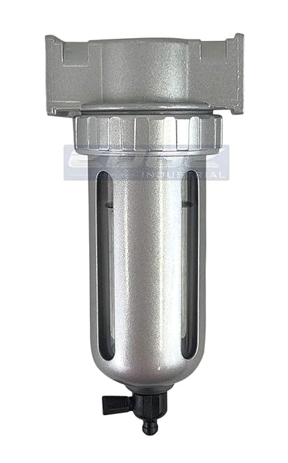 MID FLOW PARTICULATE FILTER/WATER TRAP FOR AIR COMPRESSOR COMPRESSED AIR LINES, 5u WITH POLY BOWL AND METAL BOWL GUARD (1/4" NPT)