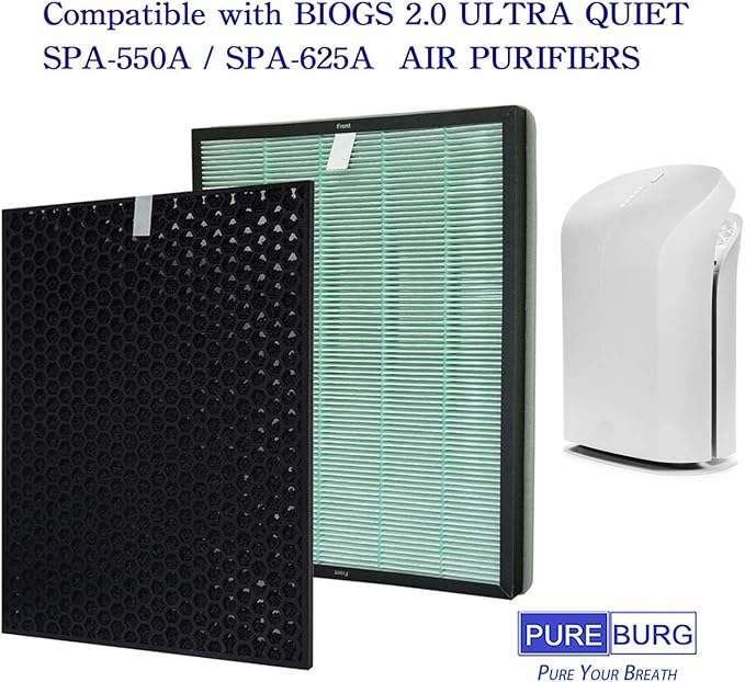PUREBURG Replacement Filter Set Compatible with RabbitAir BioGS 2.0 Ultra Quiet Model SPA-550A & SPA-625A Air Purifiers,2-Pack H13 True HEPA + Activated Carbon Filter