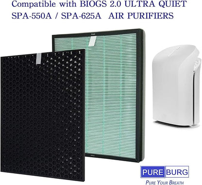PUREBURG Replacement Filter Set Compatible with RabbitAir BioGS 2.0 Ultra Quiet Model SPA-550A & SPA-625A Air Purifiers,2-Pack H13 True HEPA + Activated Carbon Filter