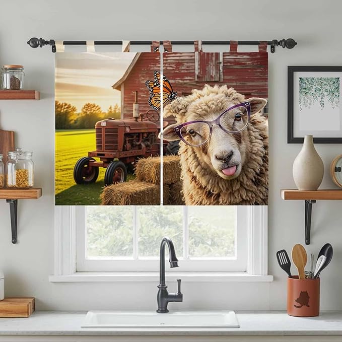 Farm Sheep Kitchen Curtains 45 Inch Length, Short Cafe Window Curtains Tab Top, Farmhouse Barn Funny Animals Butterfly Light Filtering Window Treatments Tier Drapes 27.5"x45" 2 Panel