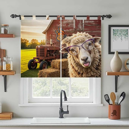 Farm Sheep Bedroom Curtains 63 Inch Length, Window Curtains Tab Top, Farmhouse Barn Funny Animals Butterfly Light Filtering Window Treatments Drapes 42"x63" 2 Panel