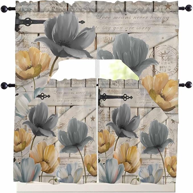 Vintage Tulip Swag Kitchen Curtains Valance and Tier Set, Farmhouse Retro Blue Yellow Grey Flower Barn Door Light-Filtering Swag Valance 36 Inch Length, Rod Pocket Short Curtain for Bedroom Cafe