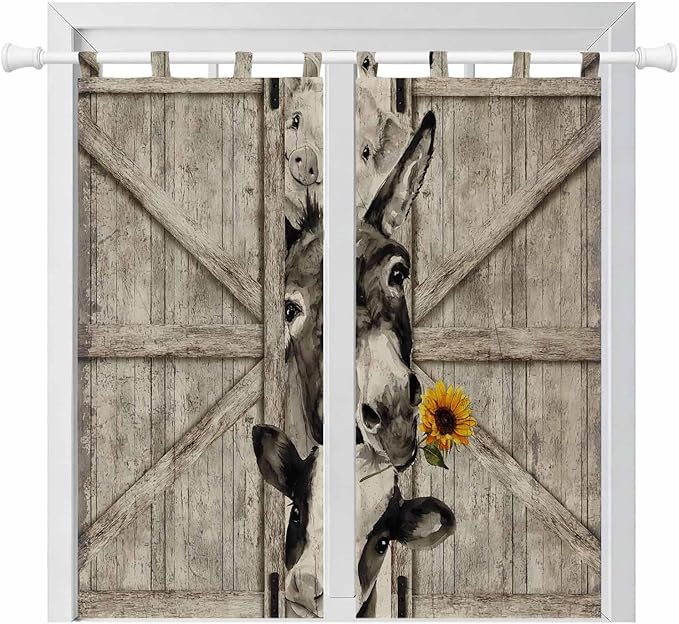 Funny Farm Animals Bedroom Curtains 72 Inch Length, Window Curtains Tab Top, Vintage Barn Brown Sunflowers Light Filtering Window Treatments Drapes 52"x72" 2 Panel