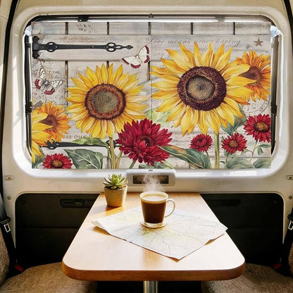 Red Yellow Sunflowers Magnetic Double Layer Car Window Shades,Side Window Curtains for Blackout/Breathable Mesh View,Retro Rustic Barn Doors Butterfly Brown Heat Protection Sun Shades 26x20in 2pcs