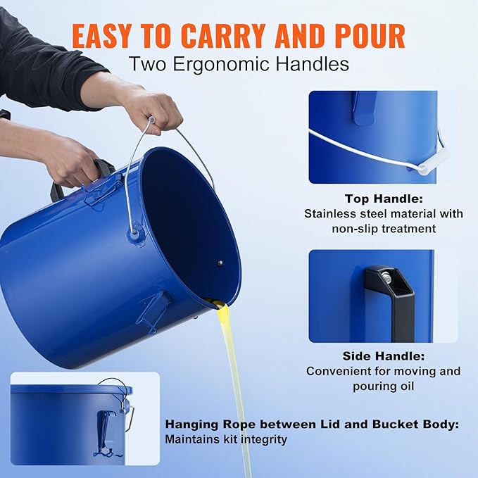 VEVOR Fryer Grease Bucket - 6 Gal Carbon Steel Oil Disposal Caddy with Rust-Proof Coating, Transport Container with Lid, Lock Clips, Filter Bag for Hot Cooking Oil Filtering
