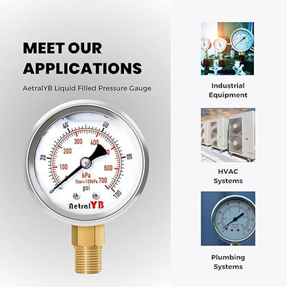 Glycerin-Filled Pressure Gauge,Brass Internal 2-Inch Gauge, Stainless Steel, 1/4" NPT Lower Mount (0-100Psi 2 Pack)