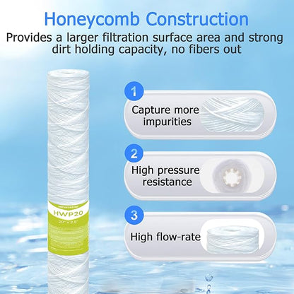 5 Micron Whole House Water Filter Cartridge, String Wound Sediment Filters for Well Water, Universal Replacement for Any 20 inch Silm Housings - 20" x 2.5" Cartridges - Pack of 6