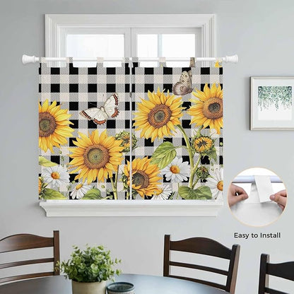 Sunflowers Bedroom Curtains 63 Inch Length, Window Curtains Tab Top, Yellow Flowers Butterfly Farmhouse Black Plaid Light Filtering Window Treatments Drapes 42"x63" 2 Panel