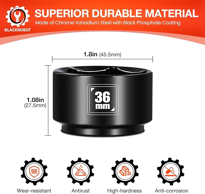 BLACKROBOT 36mm Low Profile Oil Filter Socket, 3/8" Drive 6-Point Oil Filter Cap Remover and Installer Tool, Chrome Vanadium Steel