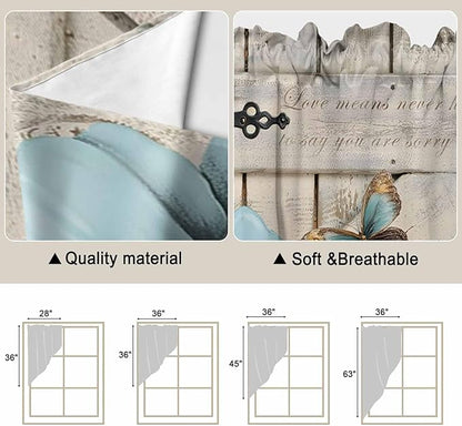 Teal Blue Tulips Swag Valances for Windows, Spring Floral Barn Doors Vintage Wood Beige Rod Pocket Kitchen Curtains Valance, Kitchen Window Curtains Swag for Cafe Living Room, 2 Panels, 36x63 inch