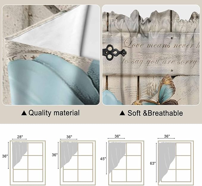 Teal Blue Tulips Swag Valances for Windows, Spring Floral Barn Doors Vintage Wood Beige Rod Pocket Kitchen Curtains Valance, Small Window Curtains Swag for Cafe Living Room, 2 Panels, 28x36 inch