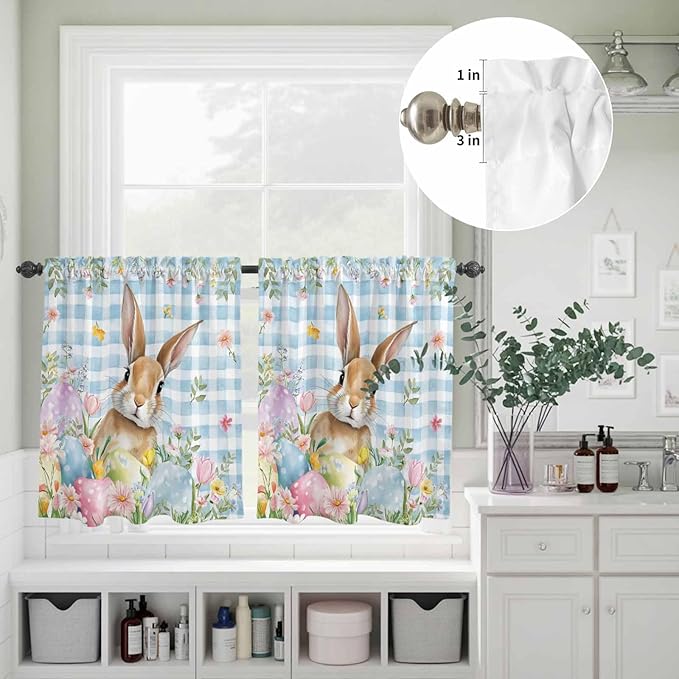 Kitchen Curtains Tiers and Valance Set of 3, Easter Light Filtering Window Curtain Set, Spring Rabbit Eggs Seasonal Flowers Blue Lattice Rod Pocket Curtain Drapes for Living Room, 36 Inches Tiers