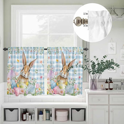 Kitchen Curtains Tiers and Valance Set of 3, Easter Light Filtering Window Curtain Set, Spring Rabbit Eggs Seasonal Flowers Blue Lattice Rod Pocket Curtain Drapes for Living Room, 36 Inches Tiers