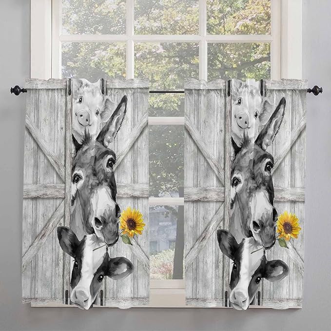 Grey Farmhouse Kitchen Curtains 54 Inches Length, Vintage Sunflowers Animals Printed Window Treatment Curtain Drapes, Thermal Insulated Drapes for Basement Hotel RV, 42"x54", 2 Panels