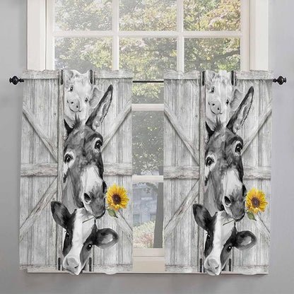 Grey Farmhouse Kitchen Curtains 45 Inches Length, Vintage Sunflowers Animals Printed Window Treatment Curtain Drapes, Lightweight Window Panels for Living Room Bedroom, 52"x45", 2 Panels