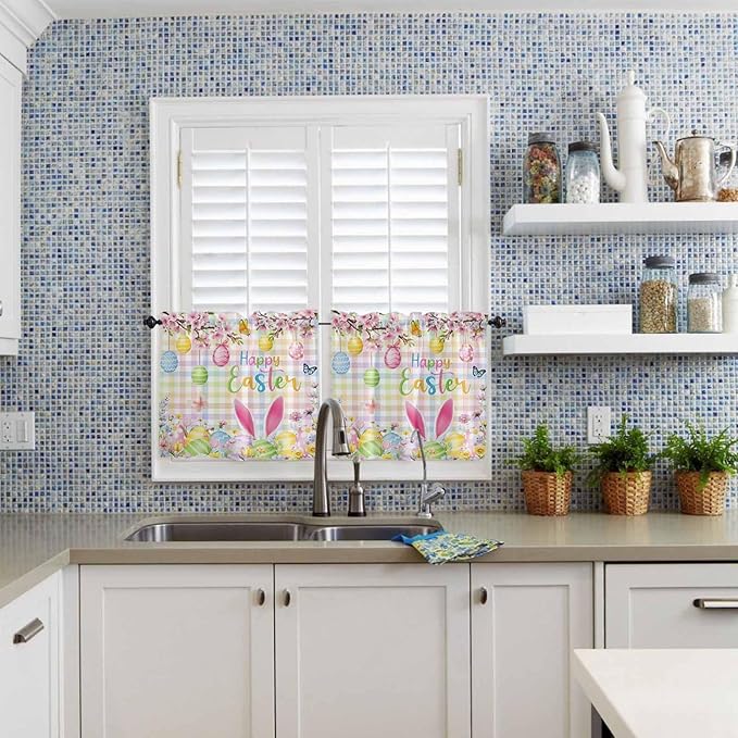 Happy Easter Half Window Curtains 24 Inches Long, Spring Bunny Colorful Eggs Flower Plaid Window Treatment Curtain Drapes, Short Curtains Tiers for Kitchen Over Sink, 27.5"x24", 2 Panels