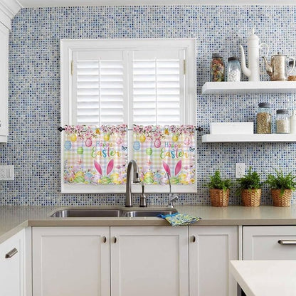 Happy Easter Half Window Curtains 24 Inches Long, Spring Bunny Colorful Eggs Flower Plaid Window Treatment Curtain Drapes, Short Curtains Tiers for Kitchen Over Sink, 27.5"x24", 2 Panels