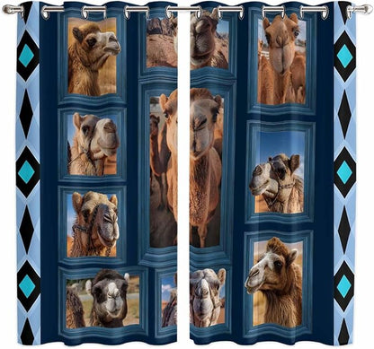 2 Panel Kitchen Cafe Curtains, Desert Camels Sunlight Filtering Nature Air Through, Home Decor Window Covering Tier Curtains for Living Room 104W x 84L inch Wildlife Brown Animals Blue Geometric