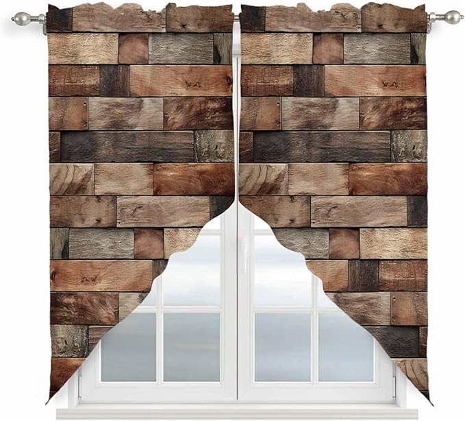Western Barn Door Swag Valances for Windows, Vintage Farmhouses Wooden Door Brown Rod Pocket Kitchen Curtains Valance, Kitchen Window Curtains Swag for Cafe Bathroom Living Room, 2 Panels, 36x45 inch