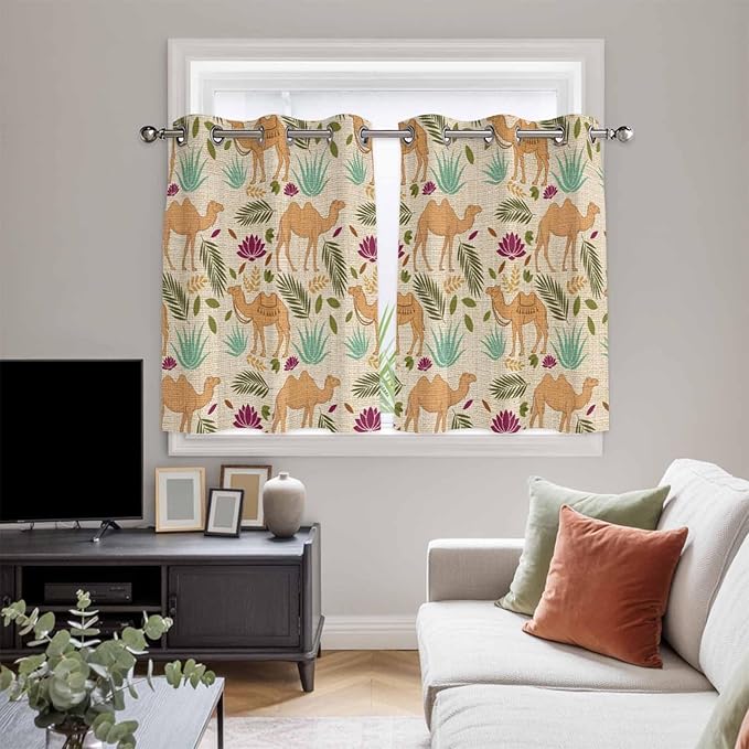 2 Panel Kitchen Cafe Curtains, Desert Camels Sunlight Filtering Nature Air Through, Home Decor Window Covering Tier Curtains for Bedroom Living Room Vintage Sand Animals Aloe Vera Leaves Beige