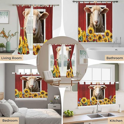 Sheep Sunflower Kitchen Curtains 36 Inch Length, Small Window Curtains Tab Top, Country Red Farm Barn Spring Flowers Light Filtering Short Window Treatments Tier Drapes 27.5"x36" 2 Panel