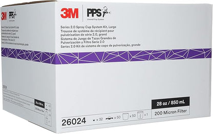 3M PPS 2.0 Spray Gun Cup, Lids and Liners Kit, 26024, Large, 28 Ounces, 200-Micron Filter, Use for Cars, Furniture, House and More, 1 Paint Cup, 50 Disposable Lids and Liners, 32 Sealing Plugs