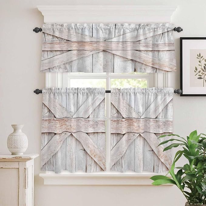Kitchen Window Curtains Valance and Tier Set, Farmhouse Retro Wooden Barn Rod Pocket Tier Curtain Valance Set, Vintage Village Wood Grain Light Filtering Cafe Curtains for Bedroom Living Room