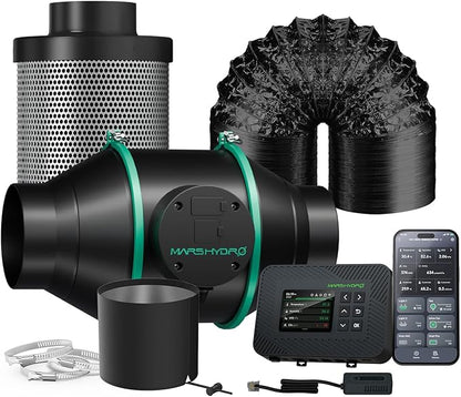 MARS Hydro 4" Smart Air Filtration Kit, Inline Duct Fan with iControl Temperature & Humidity Controller, App Remote Control, Carbon Filter Combo +25Ft Ducting, Grow Tent Hydroponics Ventilation System