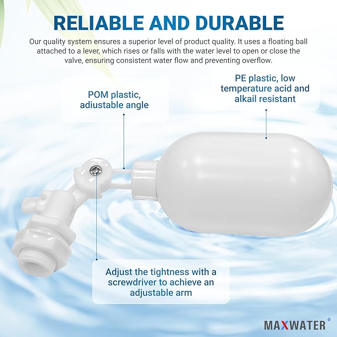 Max Water Filter Float Ball Valve with 1/4 inch Quick Connect Push in to Connect Tube Fittings, Adjustable Plastic Float Valve for Aquarium Reverse Osmosis Systems Water Purifiers