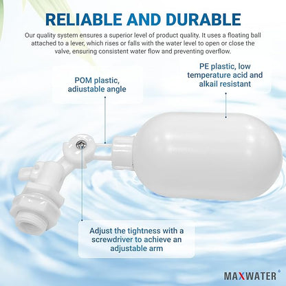 Max Water Filter Float Ball Valve with 1/4 inch Quick Connect Push in to Connect Tube Fittings, Adjustable Plastic Float Valve for Aquarium Reverse Osmosis Systems Water Purifiers