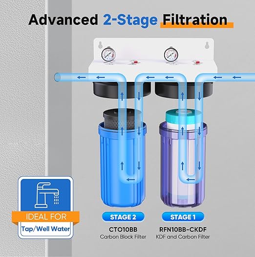 PUREPLUS 2-Stage Whole House Water Filtration System, Reduces Heavy Metals, Chlorine & Odor, 10" x 4.5" Housings, 1" Inlet/Outlet, RFN KDF Carbon & CTO Coconut Shell Filters, Pressure Gauges Included