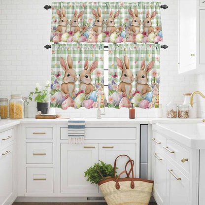 Easter Kitchen Curtains Set 3 Piece for Windows, Rod Pocket Valance and Tier Set 24 Inch Length, Spring Rabbit Eggs Flower Butterfly Green Plaid Light Filtering Cafe Curtains for Living Room Bathroom