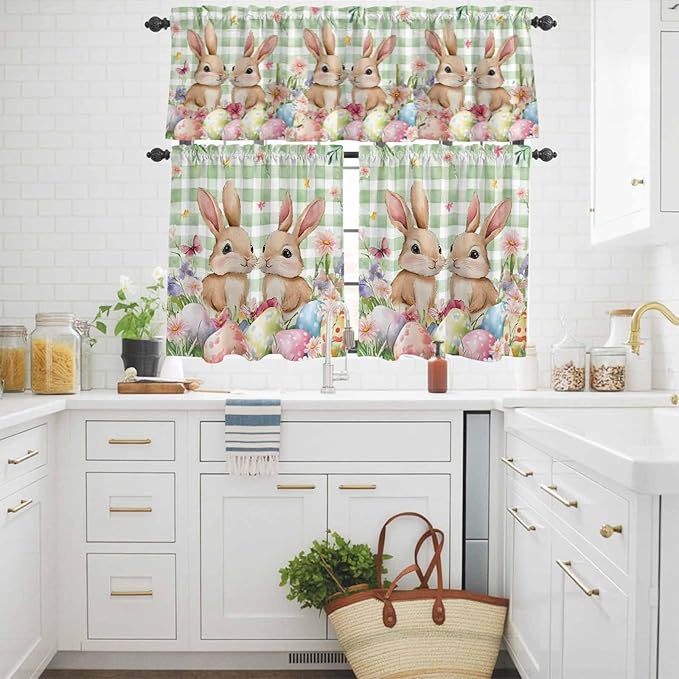 Easter Kitchen Curtains Set 3 Piece for Windows, Rod Pocket Valance and Tier Set 36 Inch Length, Spring Rabbit Eggs Flower Butterfly Green Plaid Light Filtering Cafe Curtains for Living Room Bathroom