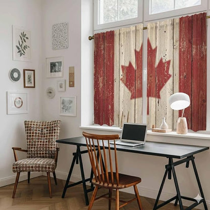Canada Kitchen Curtains, Red Maple Leaf Flag Vintage Farmhouse Wooden Grain Light Filtering Window Curtain Panels, 2Pcs Rod Pocket Window Treatments Set for RV Dining Room Study Room 42x45 Inches