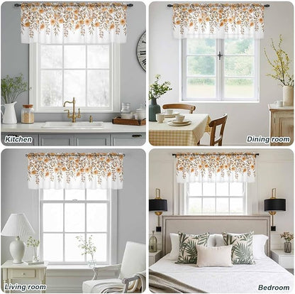 Spring Summer Flowers Sheer Valance Curtains, Vintage Watercolor Orange Floral Leaf Plant Light Filtering Kitchen Valances Rod Pocket Voile Curtain Treatment for Bedroom/Living Room/Basement 54Wx18L