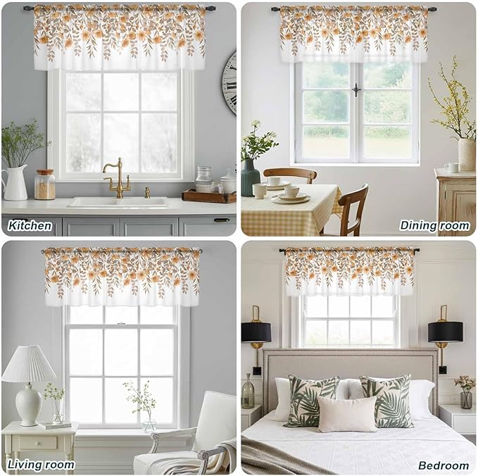 Spring Summer Flowers Sheer Valance Curtains, Vintage Watercolor Orange Floral Leaf Plant Light Filtering Kitchen Valances Rod Pocket Voile Curtain Treatment for Bedroom/Living Room/Basement 60Wx18L