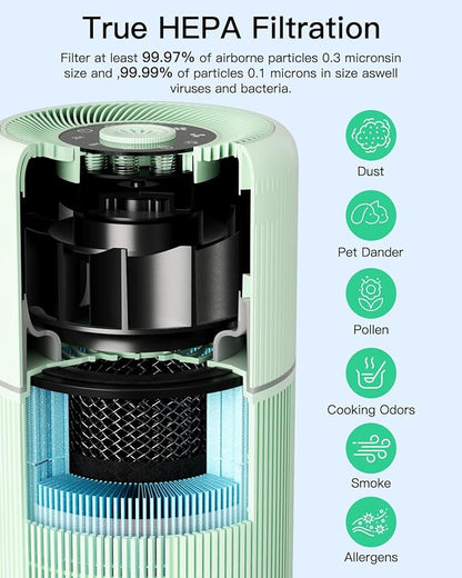 2 Pack Air Purifier for Home Bedroom with H13 True HEPA Filter for Smoke, Smokers, Dust, Odors, Pollen, Pet Dander | Quiet 99.9% Removal to 0.1 Microns | Green Available for California