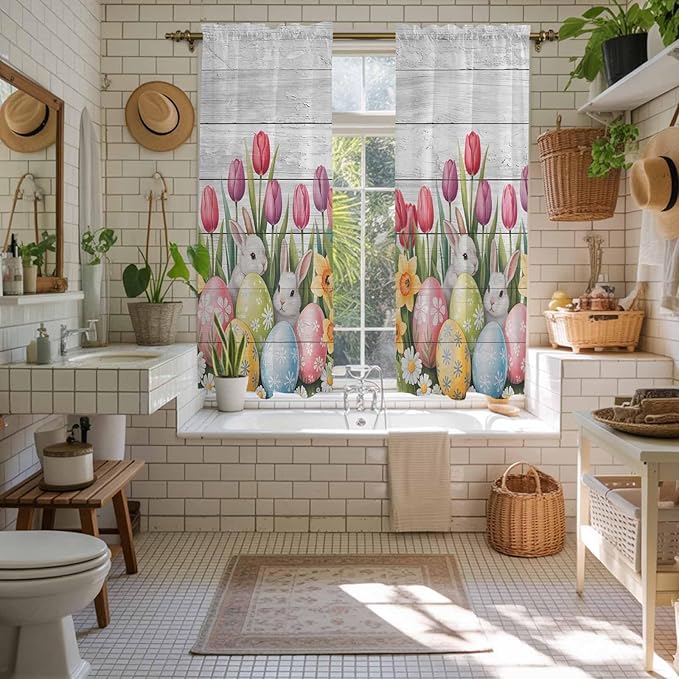 Easter Window Curtains 63 Inch Long 2 Panel Set, Rod Pocket Bedroom Curtains & Drapes, Retro Spring Bunny Eggs Tulip Farm Wooden Grain Light Filtering Window Treatment for Living Room 42"W x 63"L