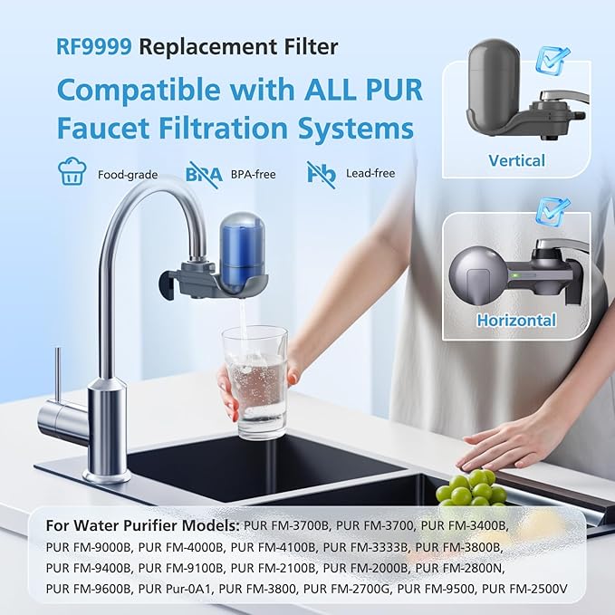 6 Pack RF9999 Faucet Mount Replacement Filter For ALL PUR/PUR PLUS Faucet Filtration Systems, 3-in-1 Powerful & Natural Mineral Filtration, Lead Removal, 18-Month Value, Blue, *NSF Certified