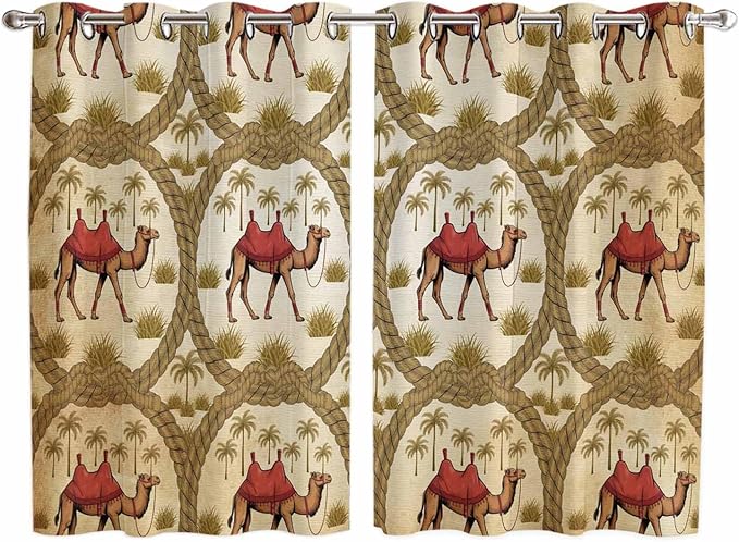 2 Panel Kitchen Cafe Curtains, Brown Desert Camels Sunlight Filtering Nature Air Through, Window Decor Tier Curtains for Living Room 104W x 63L inch Tropical Date Coconut Trees Cords Leaves